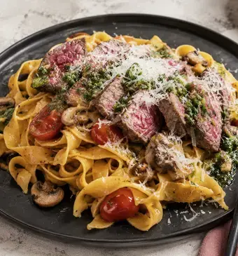 Pasta met biefstuk en basilicumolie