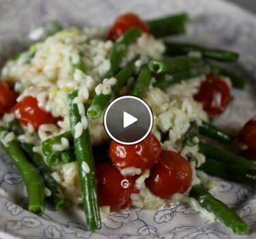 Risotto met geroosterde sperziebonen en tomaat