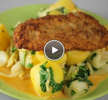 Exotische schnitzel met aardappelcurry