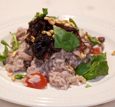 Oesterzwammenrisotto met balsamico-uien