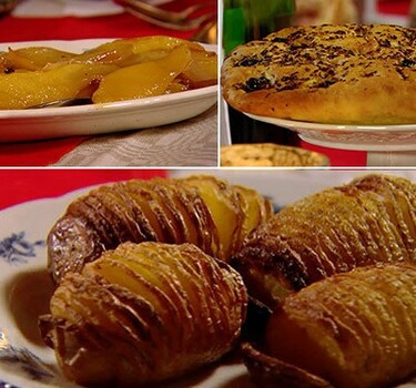 Hasselback aardappels, focaccia met rozemarijn, olijven en sinaasappel & peren met marsala, sinaasappel en kruidnagel