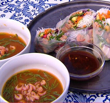 Hollandse garnalenbisque en spring rolls