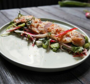 Tataki van bonito met tuinbonen en bosui