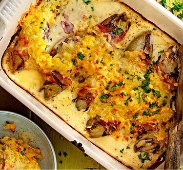 Witlofgratin met kaas, rösti en ham 