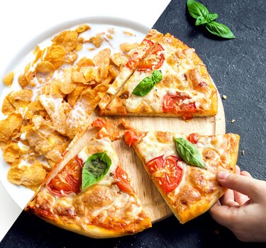 Pizza en ontbijtgranen