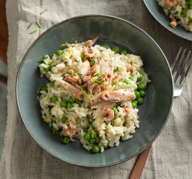 Risotto met gerookte forel en Hollandse garnalen