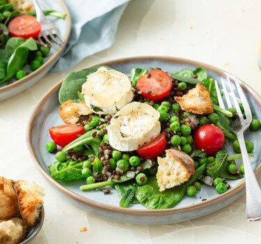 Salade van linzen, doperwten, munt en gegratineerde geitenkaas