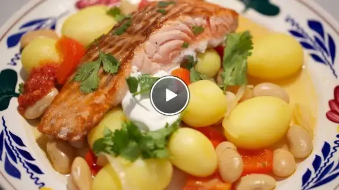Zalm van de grill met pittige bonen