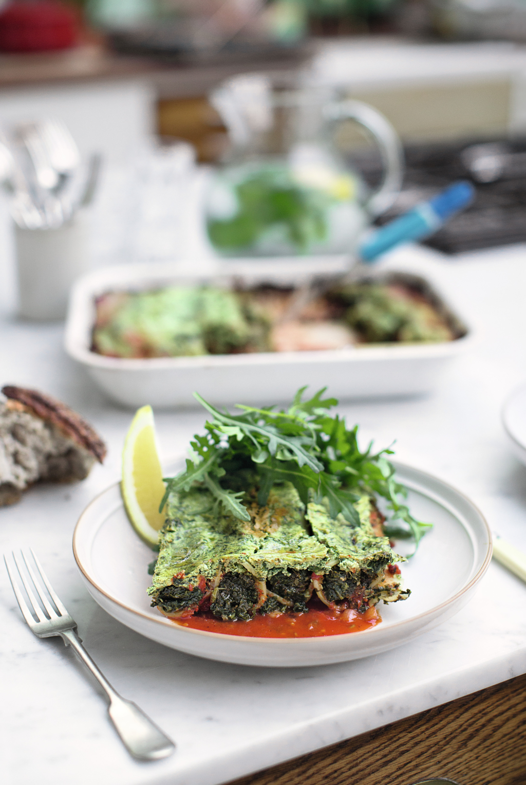 Cannelloni met groene groenten, romige ricotta en basilicumsaus