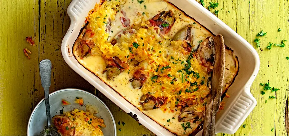Witlofgratin met kaas, rösti en ham