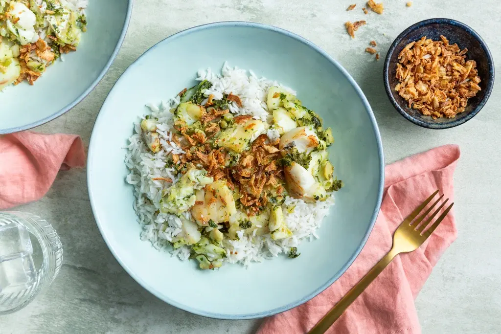 Kabeljauw met korianderchutney en kokosrijst