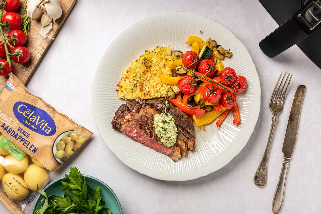 Air Fryer Ribeye Steak with Herb Butter and Potato Rösti