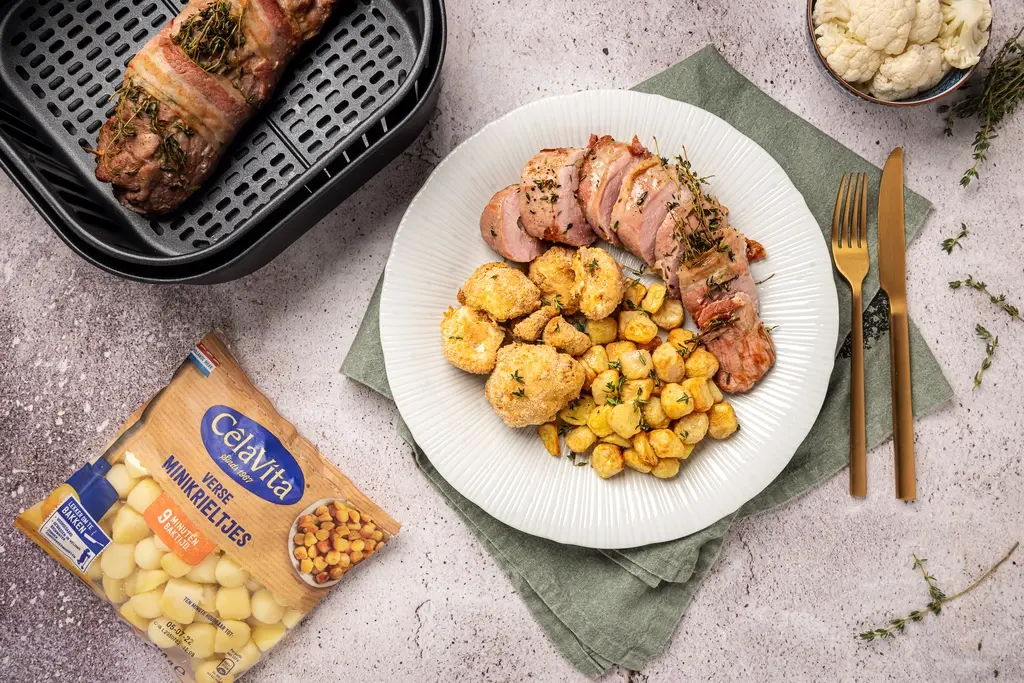 Gevulde varkenshaas met krieltjes en bloemkool uit de airfryer