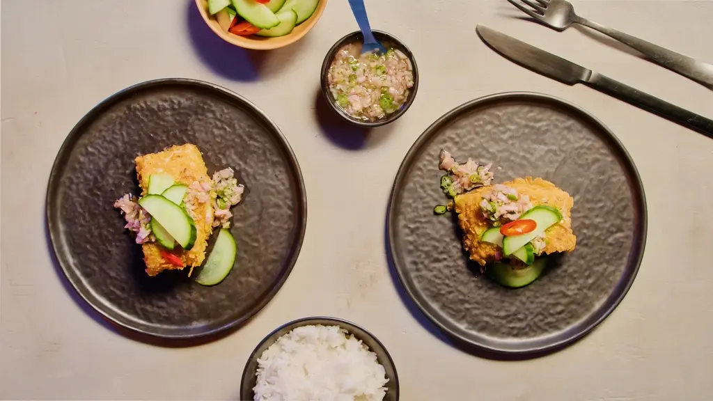 Krokante kabeljauw met groene sambal