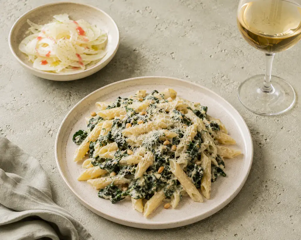 Pasta met spinazie en gorgonzola met een venkelsalade