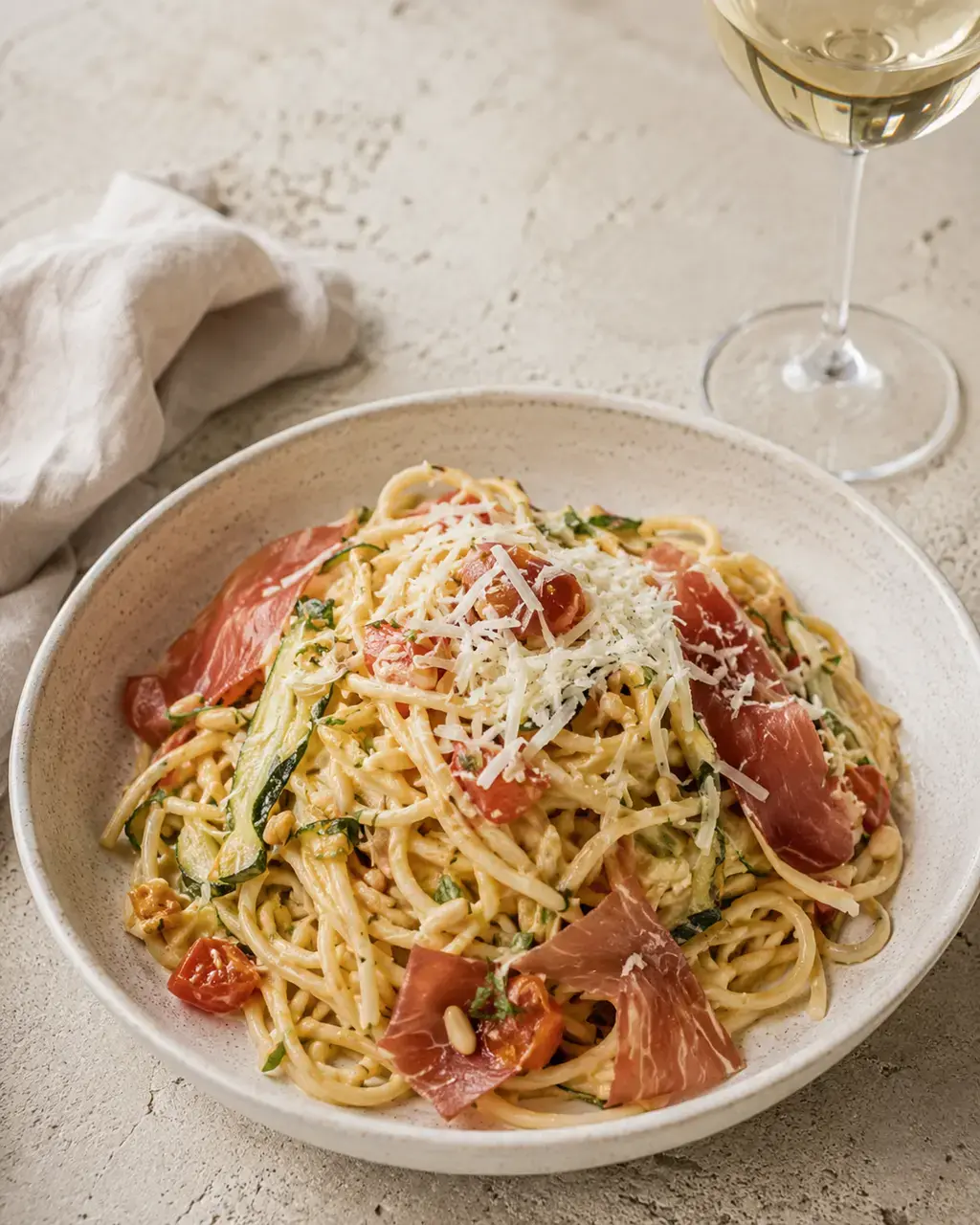 Spaghetti met courgette, tomaat en serranoham